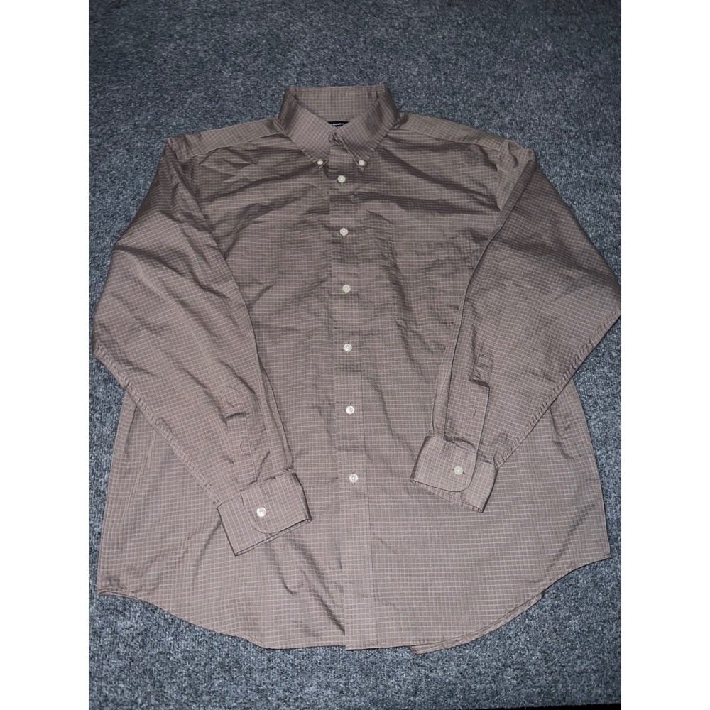 Roundtree & Yorke Mens XL Brown Plaid Button Down Shirt Easy Care Long Sleeve